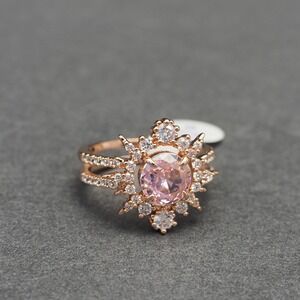 Rose Quartz CZ Ring 9 Blush Pink Split Shank Rose Gold Plated Sunburst Halo